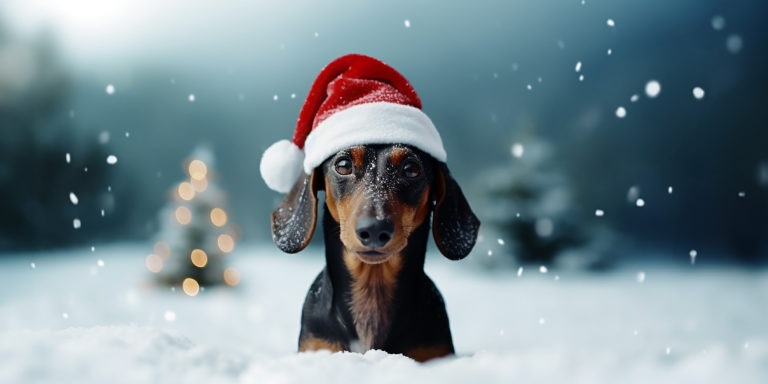 A Cute Dachshund Dog Chest Deep In The Snow Looking Into The Camera, Wearing Santa Claus’ Hat. Snow Is Falling From The Sky. Christmas, Winter Landscape At Daylight. Image For Christmas Holidays.